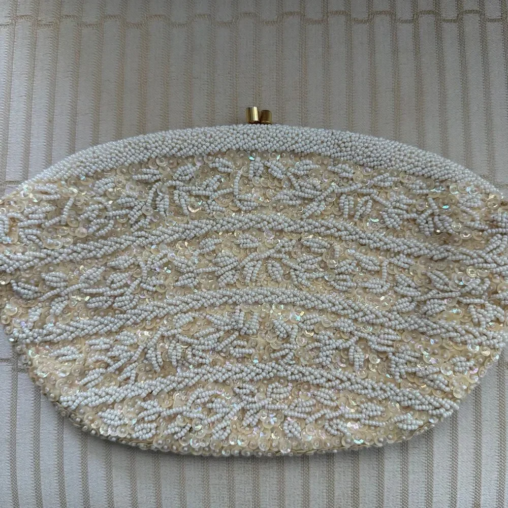 Cream Sequin Beaded Bag Clutch Purse Handmade Gold Chain Vtg 50s 60s